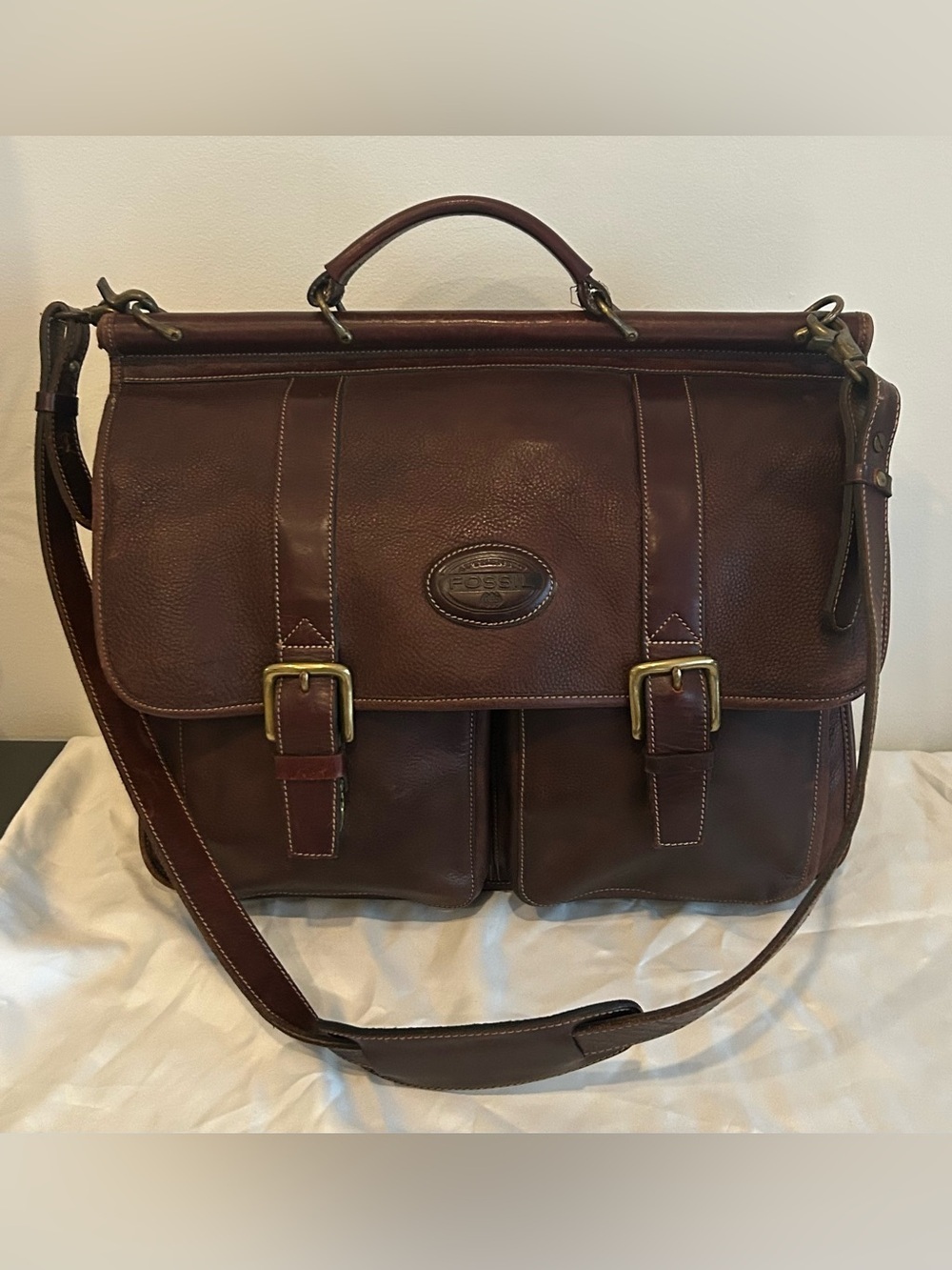 Vintage Fossil Brown Leather Messenger Briefcase Work Laptop Satchel Bag - Picture 3 of 14